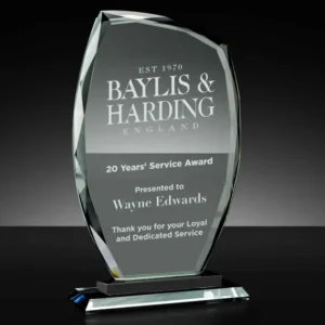 Euphoria bevelled edge glass award on a black band base